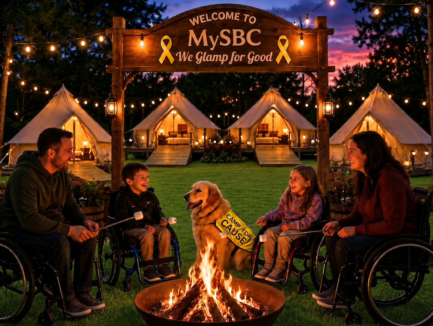 Families gathered around a campfire at MySBC glampsite under string lights