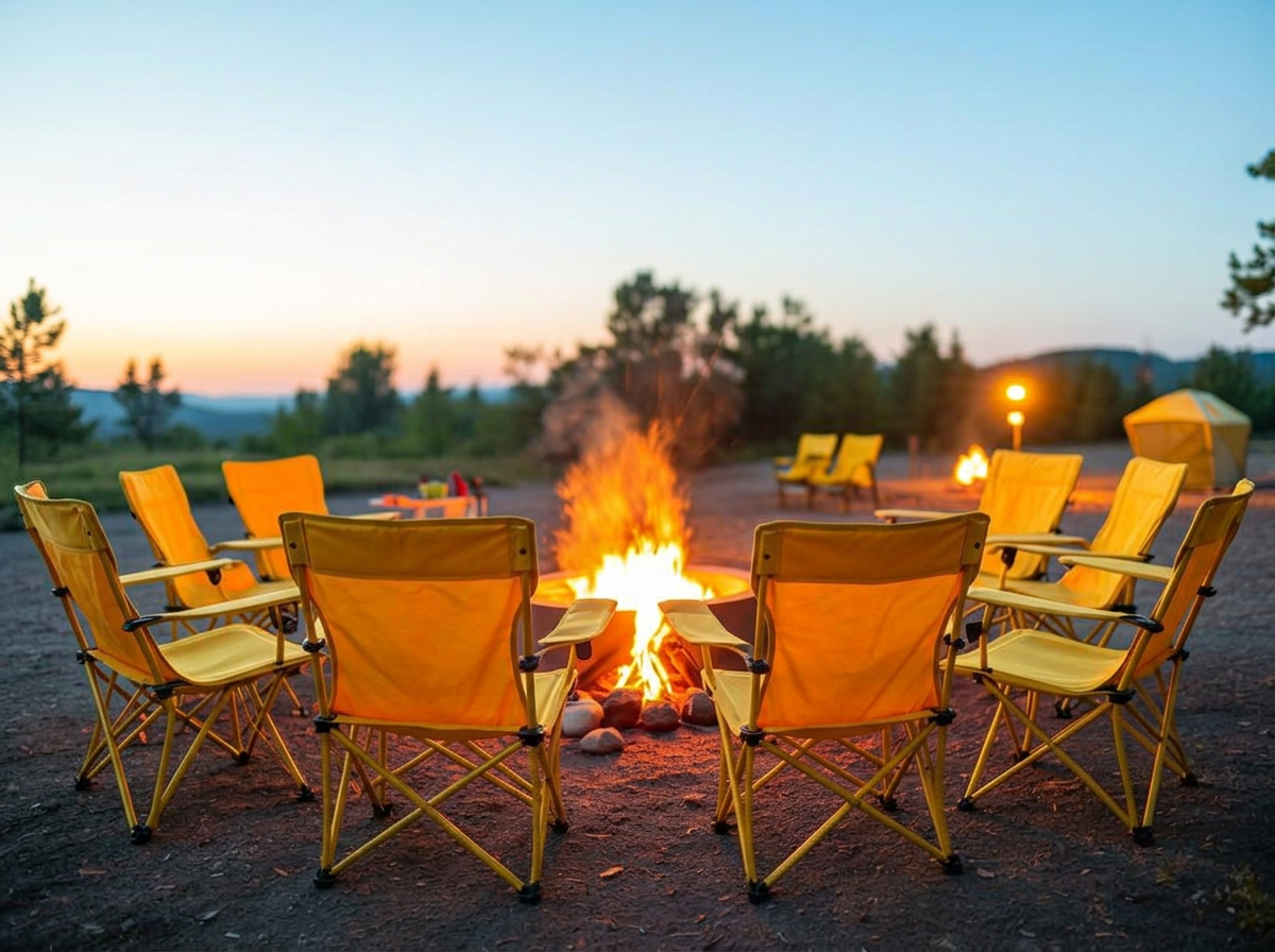 Multiple empty folding camping chairs arranged around a glowing campfire